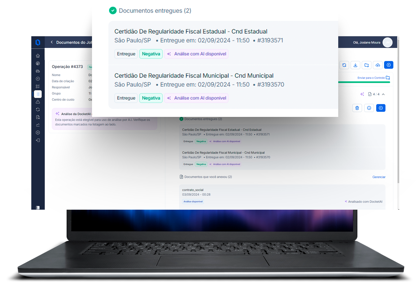 Painel da Docket para emissão e acompanhamento de documentos